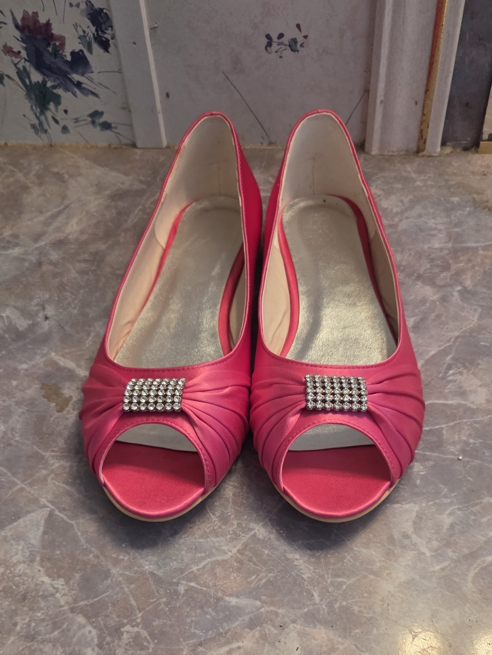 Elegant Pink Peep-Toe Dress Flats with Rhinestone Accent